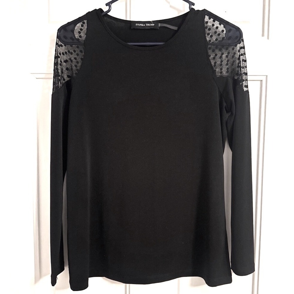 Women's Ivanka Trump Lace Shoulder Ling Sleeve Shirt Top S/P, Black